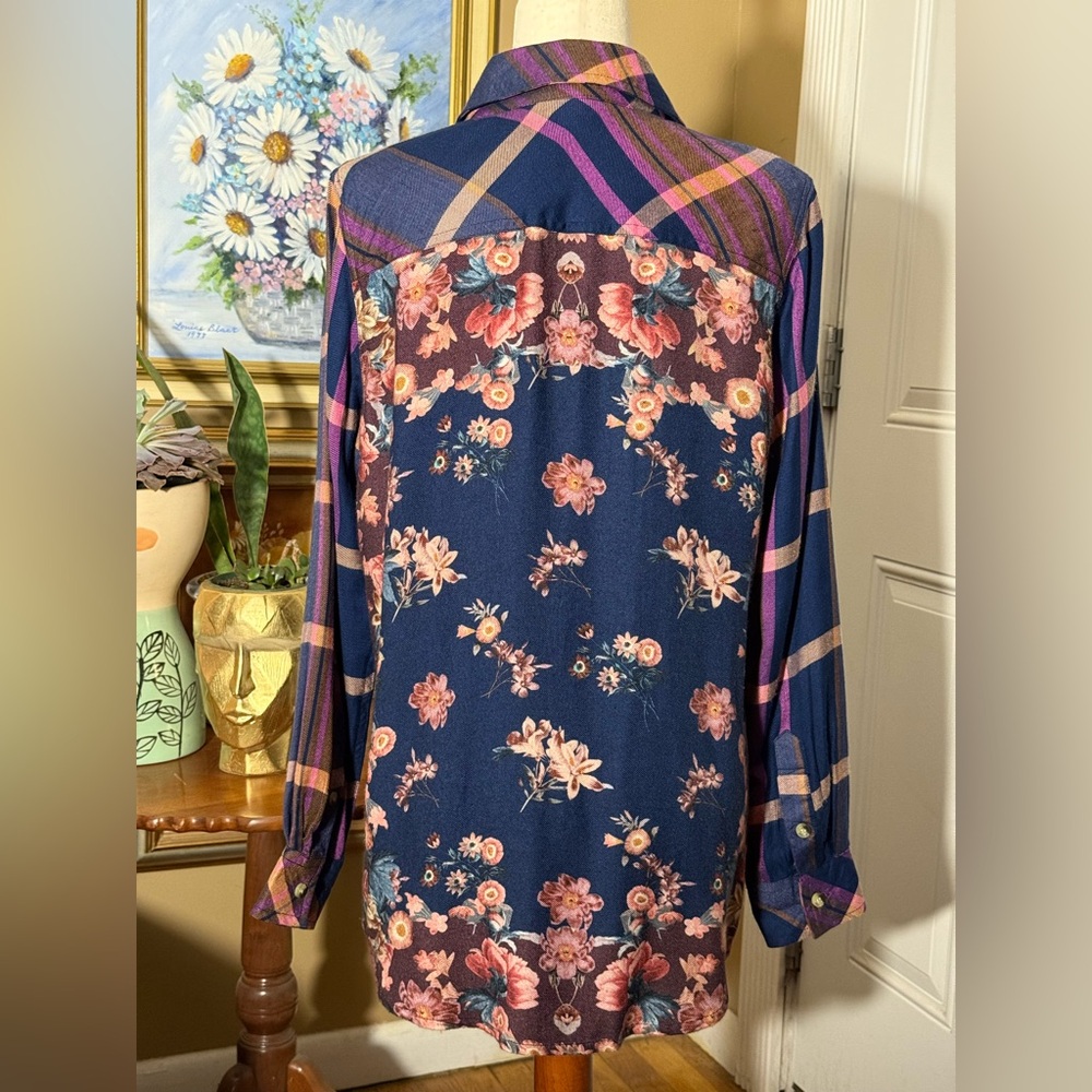 Tolani Mix Media Purple Plaid Floral Tunic Top Button Oversized Shirt Medium